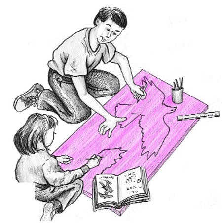 Kids drawing out falcon silouhettes