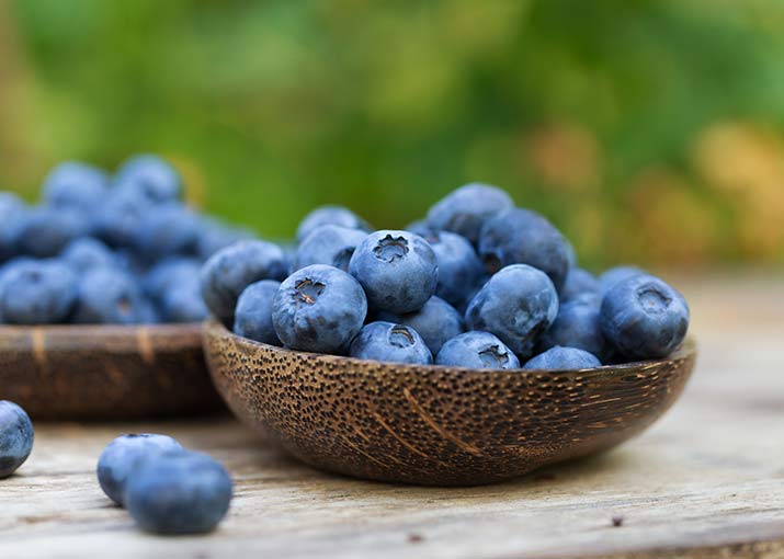 blueberries in wood bowl