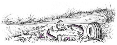 Illustration of a body of water with pollution in it